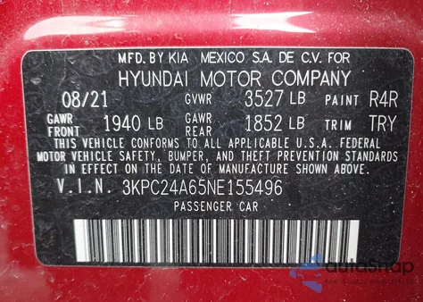 2022 Hyundai Accent Sel z USA, uszkodzony, nr VIN 3KPC24A65NE155496